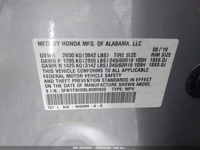 Honda Pilot Awd Ex-l 2020 5FNYF6H59LB005935 Image 9