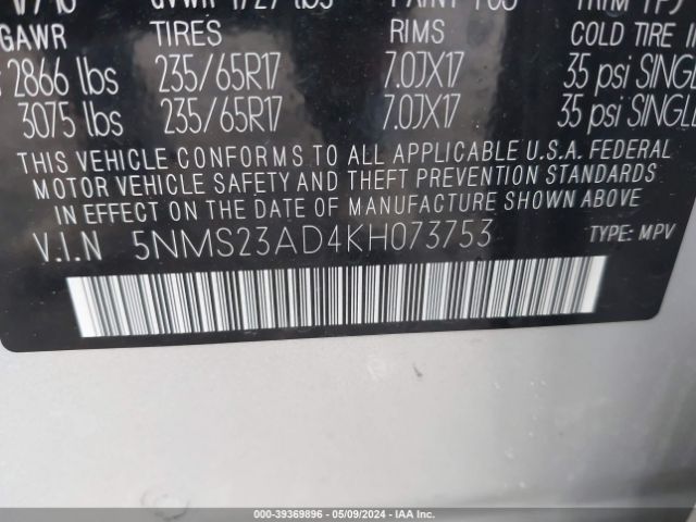 5NMS23AD4KH073753 Hyundai Santa Fe Se