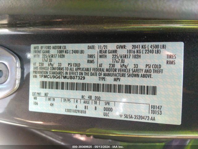 1FMCU9G67MUB07329 Ford ESCAPE SE