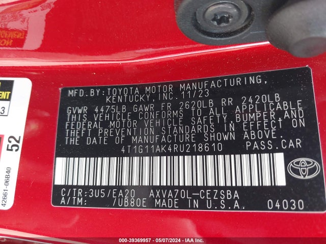 Toyota CAMRY SE 2024 4T1G11AK4RU218610 Image 9