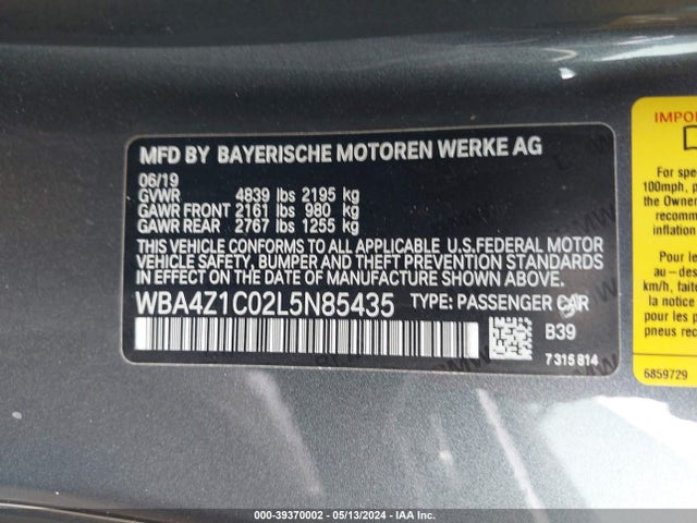 WBA4Z1C02L5N85435 BMW 430I