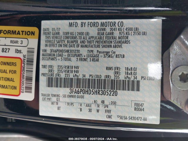 Ford FUSION SE 2017 3FA6P0HD5HR305220 Image 9