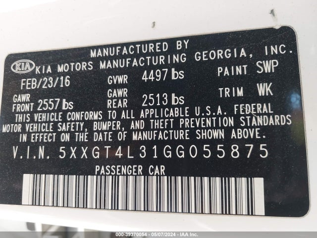 KIA Optima Lx 2016 5XXGT4L31GG055875 Image 9