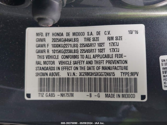 Honda CR-V EX 2016 3CZRM3H5XGG724615 Image 9