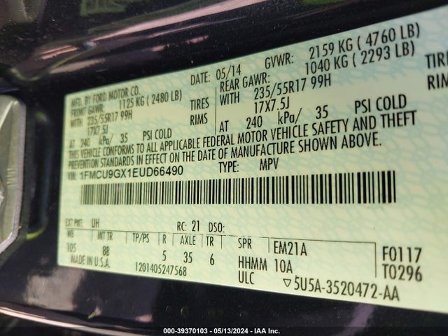 Ford ESCAPE SE 2014 1FMCU9GX1EUD66490 Image 9