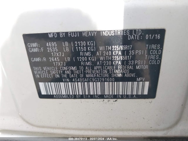 Subaru Outback 2.5i Premium 2016 4S4BSAFC9G3291600 Image 9