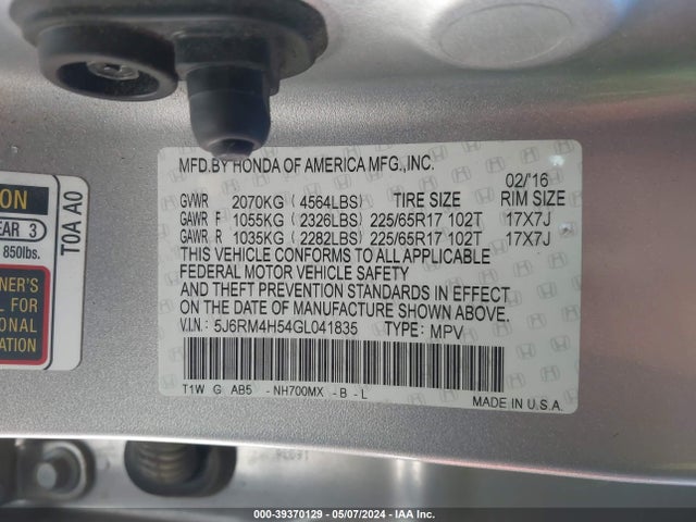 Honda CR-V EX 2016 5J6RM4H54GL041835 Image 9