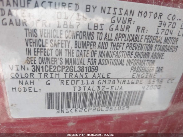 Nissan Versa Note S (sr)/s Plus/sl/sr/sv 2016 3N1CE2CP2GL381059 Image 9