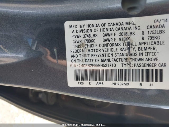 Honda Civic Lx 2014 2HGFB2F55EH521710 Image 9