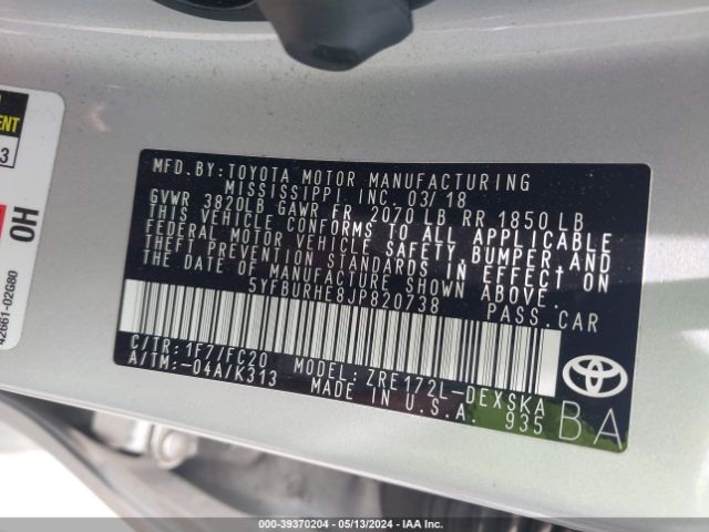 5YFBURHE8JP820738 Toyota Corolla L/le/se/xle/xse