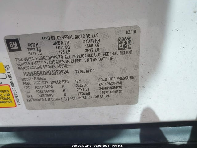 Chevrolet Traverse 1lt 2016 1GNKRGKD0GJ320924 Image 9