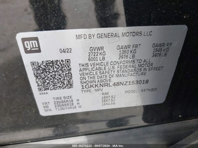 1GKKNRL48NZ153018 GMC Acadia Awd Sle