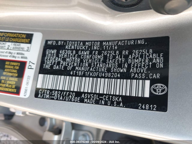 Toyota CAMRY SE 2015 4T1BF1FK0FU498204 Image 9