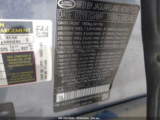 SALGS2RK3LA574494 Land Rover Range Rover Hse Td6