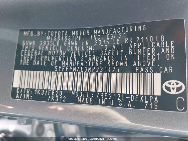 Toyota COROLLA LE 2021 5YFEPMAE3MP231425 Image 9