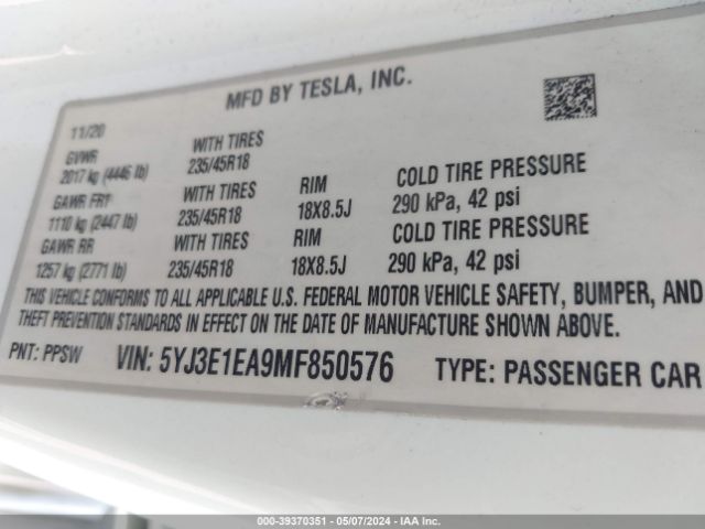 5YJ3E1EA9MF850576 Tesla Model 3 Standard Range Plus Rear-wheel Drive