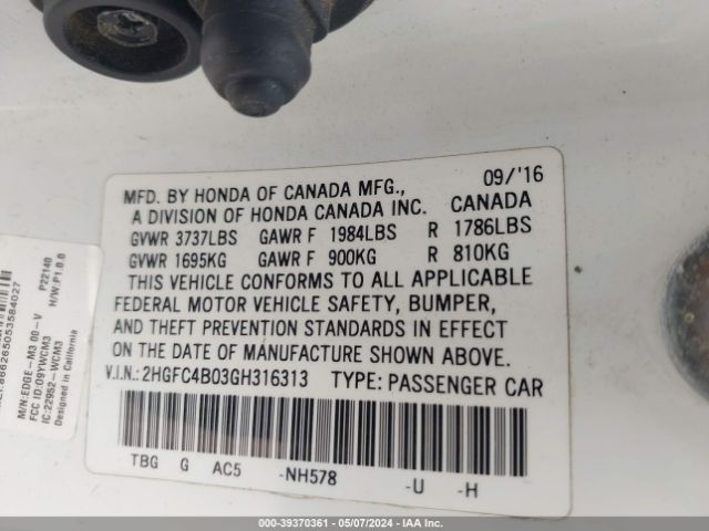 2HGFC4B03GH316313 Honda Civic Lx-p
