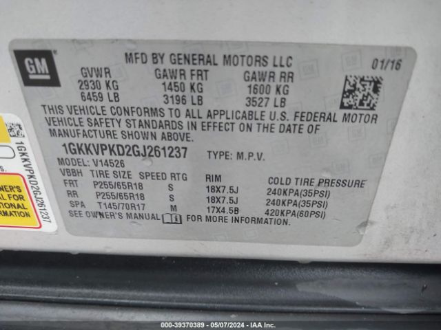 1GKKVPKD2GJ261237 GMC Acadia Sle-2