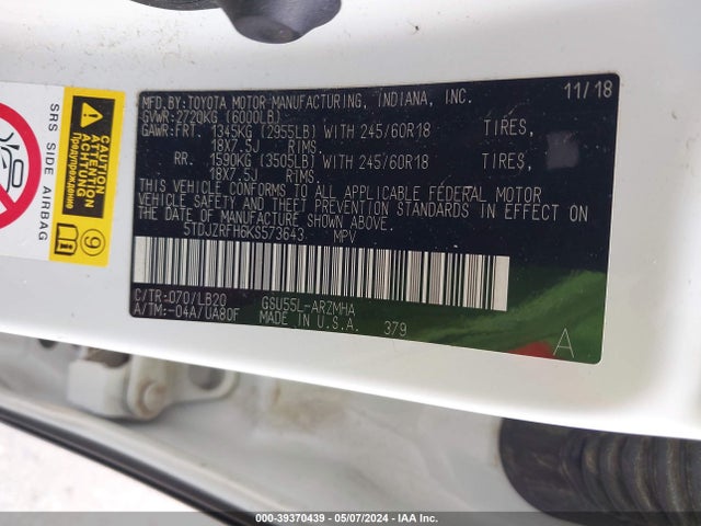 Toyota Highlander Xle 2019 5TDJZRFH6KS573643 Image 9