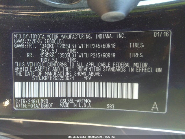 Toyota Highlander Xle V6 2016 5TDJKRFH2GS253621 Image 9