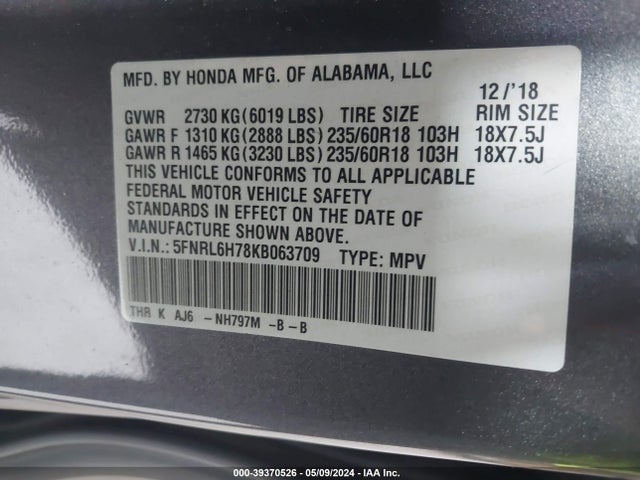 5FNRL6H78KB063709 Honda Odyssey Ex-l