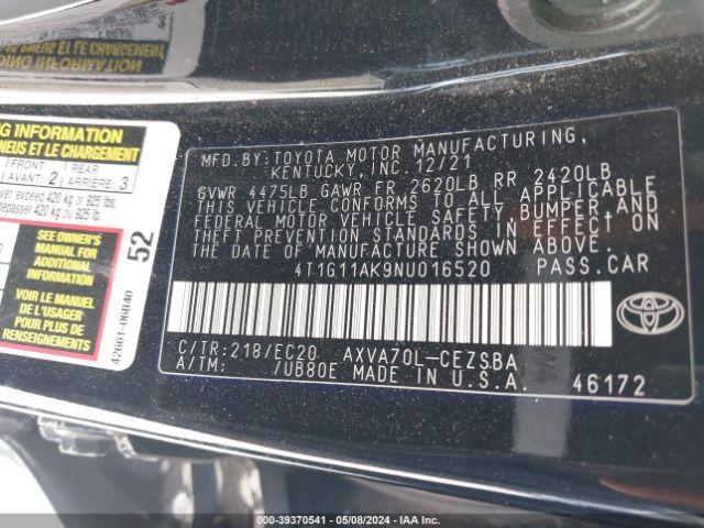 4T1G11AK9NU016520 Toyota Camry Se Nightshade Edition