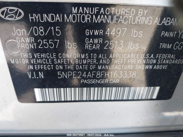 5NPE24AF8FH163338 Hyundai SONATA SE