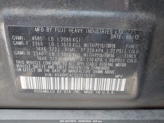 Продаж на аукціоні авто 2013 Subaru Outback 2.5i, vin: 4S4BRCAC5D3216547, номер лоту: 39370576