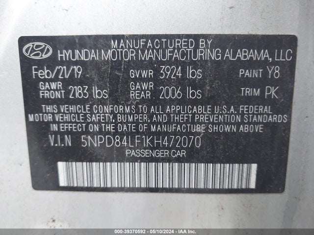 Hyundai ELANTRA SEL 2019 5NPD84LF1KH472070 Image 9