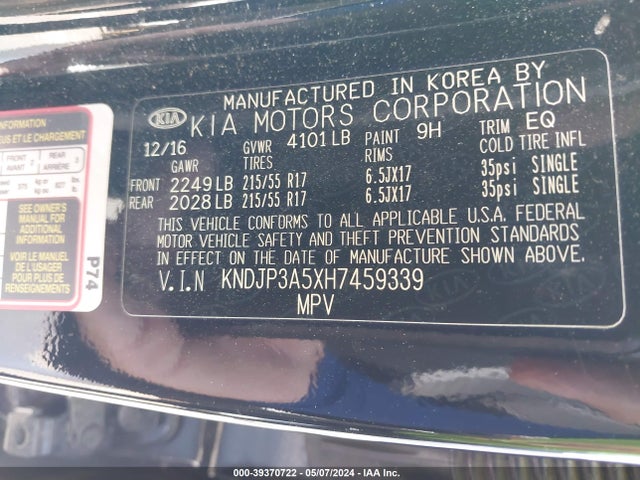 KIA SOUL + 2017 KNDJP3A5XH7459339 Image 9