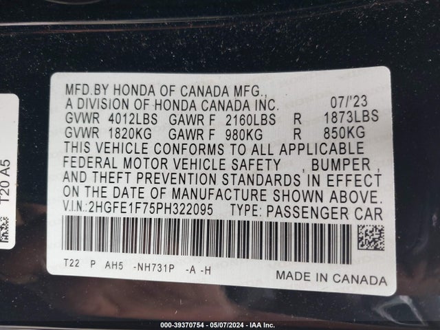 Honda Civic Ex /ex W/o Bsi 2023 2HGFE1F75PH322095 Image 9