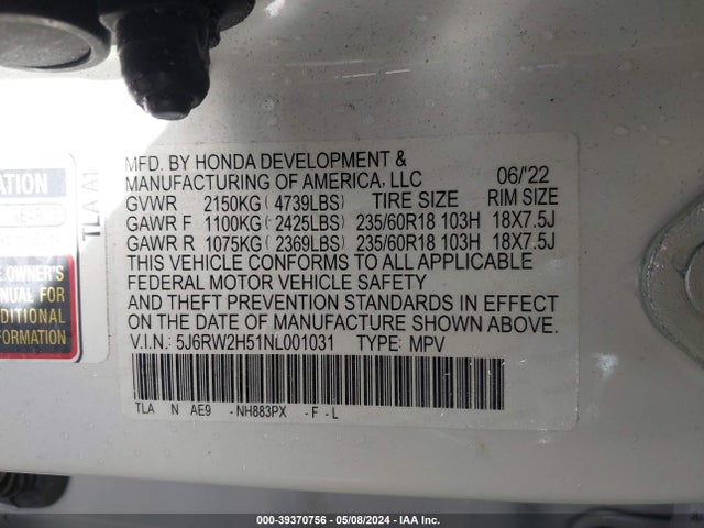 Honda Cr-v Awd Ex 2022 5J6RW2H51NL001031 Image 9