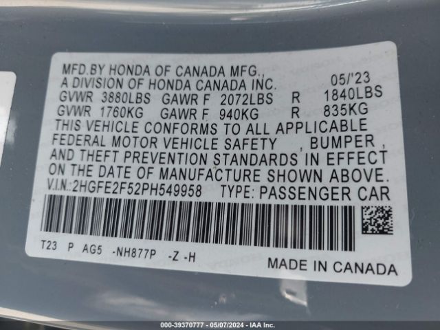 2HGFE2F52PH549958 Honda Civic Sport
