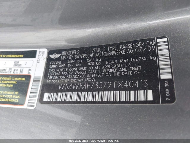 2009 MINI COOPER S WMWMF73579TX40413 Photo 8