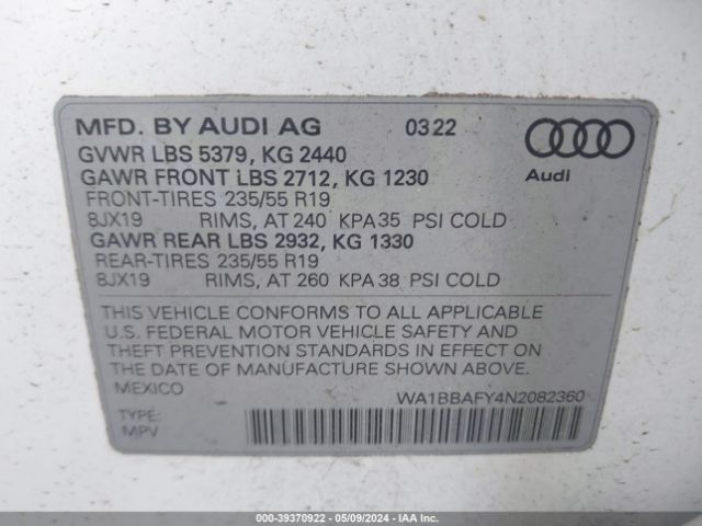 WA1BBAFY4N2082360 Audi Q5 Premium Plus 40 Tfsi Quattro S Tronic