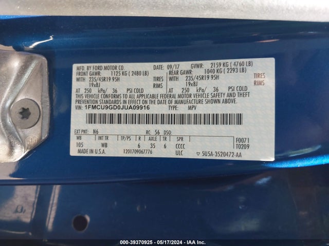 Ford ESCAPE SE 2018 1FMCU9GD0JUA09916 Image 9