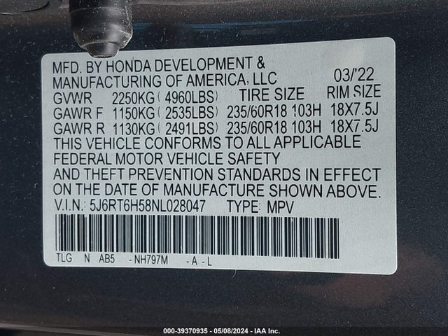 Honda Cr-v Hybrid Ex 2022 5J6RT6H58NL028047 Image 9