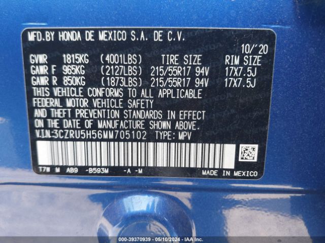 3CZRU5H56MM705102 Honda Hr-v 2wd Ex