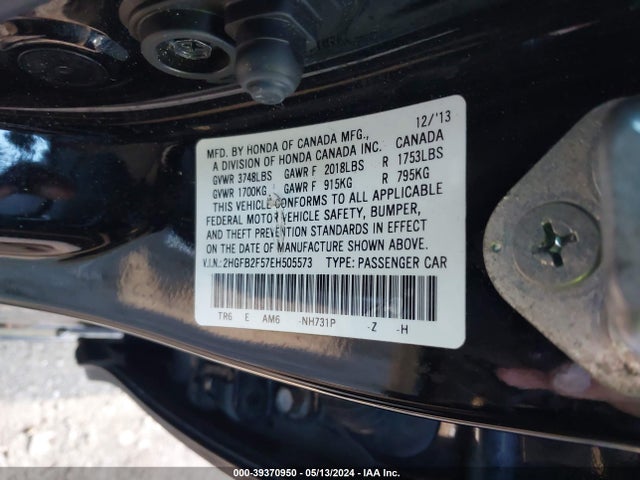 Honda Civic Lx 2014 2HGFB2F57EH505573 Image 9