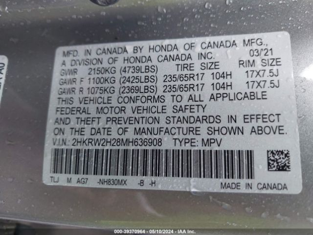2HKRW2H28MH636908 Honda Cr-v Awd Lx