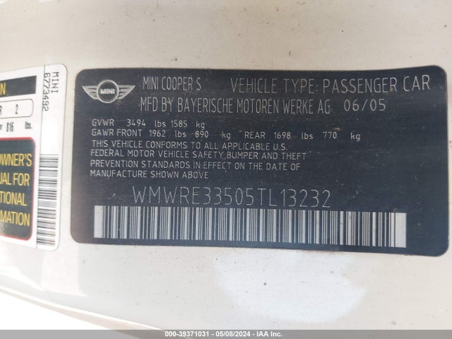 2005 MINI COOPER S WMWRE33505TL13232 Photo 8