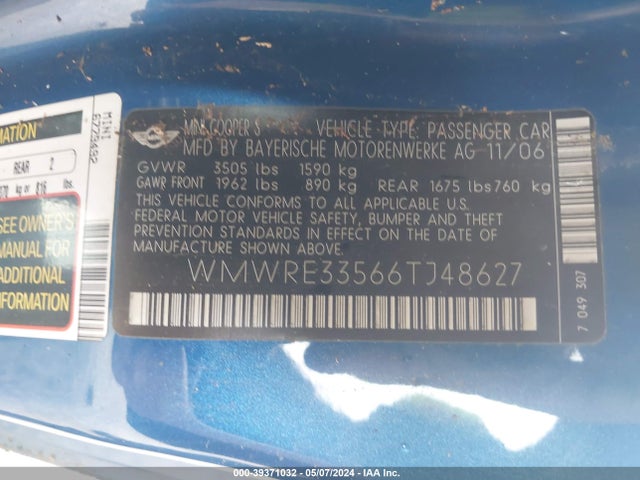 2006 MINI COOPER S WMWRE33566TJ48627 Photo 8