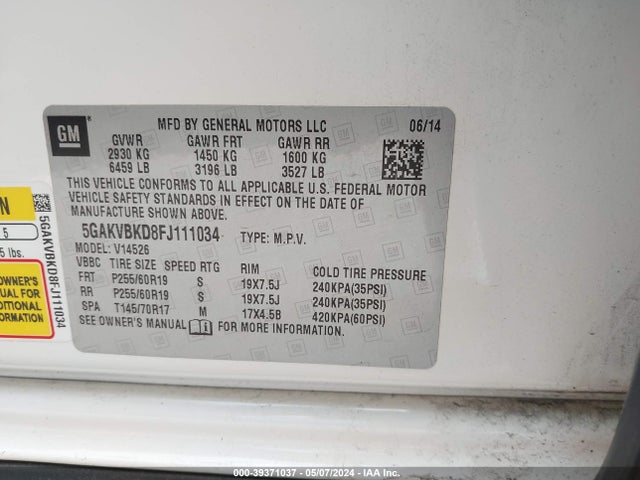 Buick Enclave Leather 2015 5GAKVBKD8FJ111034 Image 9