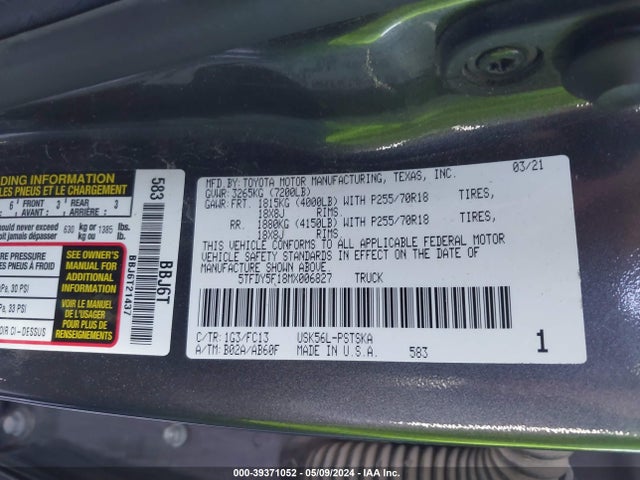 Toyota Tundra Sr5 2021 5TFDY5F18MX006827 Image 9