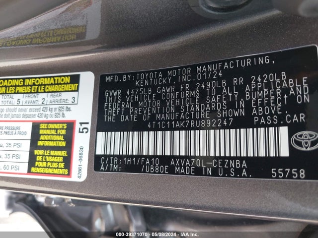 Toyota CAMRY LE 2024 4T1C11AK7RU892247 Image 9