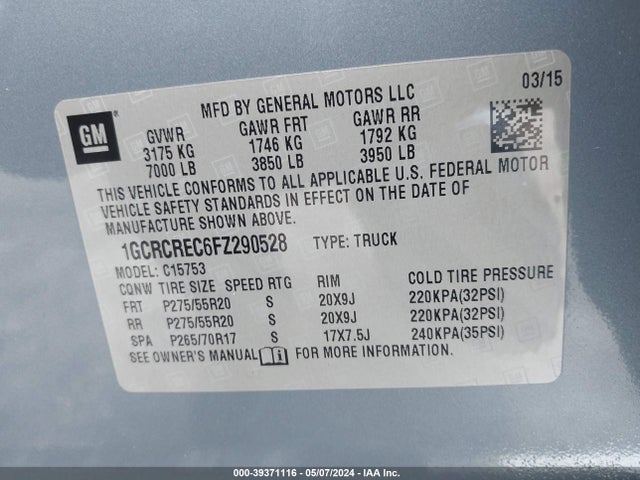 Chevrolet Silverado 1500 1lt 2015 1GCRCREC6FZ290528 Image 9