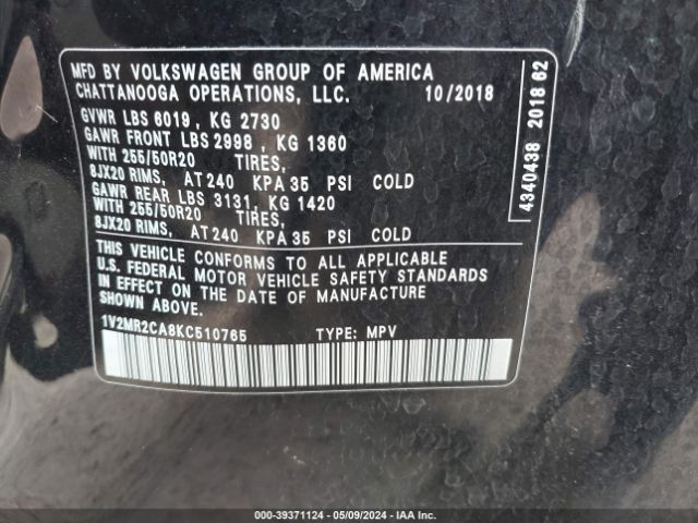 1V2MR2CA8KC510765 Volkswagen Atlas 3.6l V6 Sel