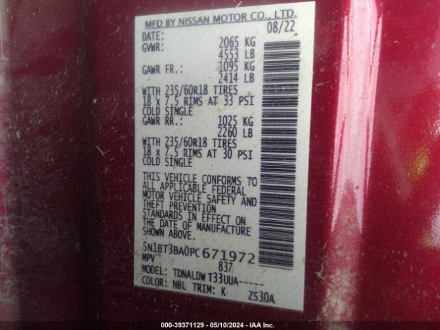 5N1BT3BA0PC671972 Nissan Rogue Sv Fwd