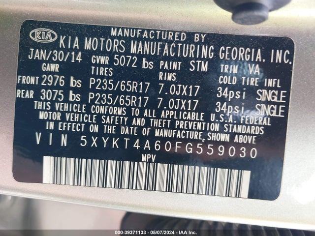 KIA SORENTO LX 2015 5XYKT4A60FG559030 Image 9