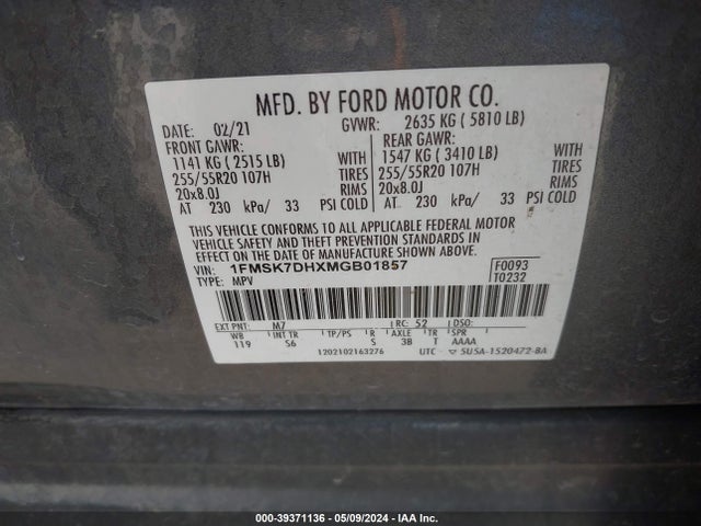 Ford EXPLORER XLT 2021 1FMSK7DHXMGB01857 Image 9